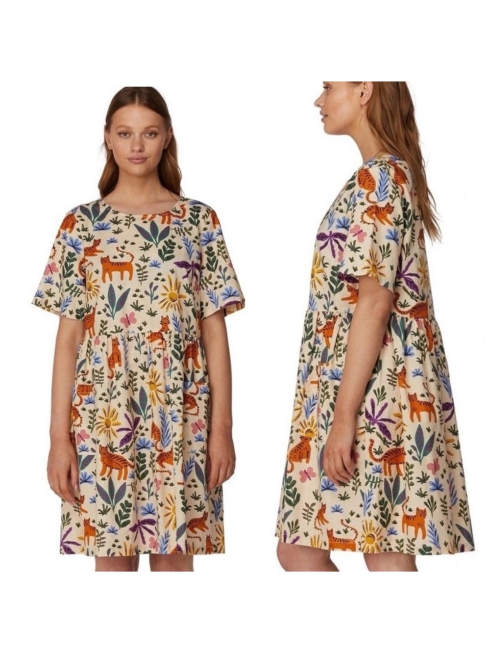 Princess Highway Tiger Cat Dragonfly Linen Smock Dress